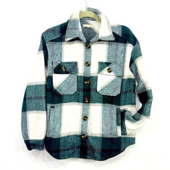 L.A. Hearts Green White Plaid Fuzzy Flannel Button Up Shacket Coat - Picture 1 of 12